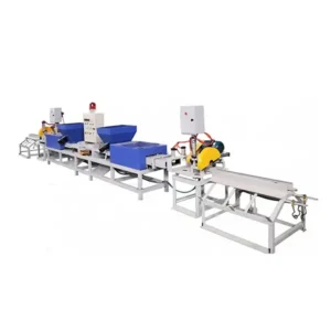 Double head sawdust pallet block making machine with built-in automatic cutting saw, hydraulic machine to produce hollow EPAL pallet leg blocks