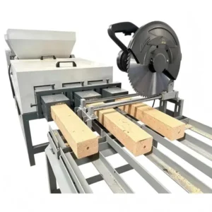 Hydraulic sawdust pallet block making machine, press wood shavings into hollow pallet leg blocks with circular cutting saw